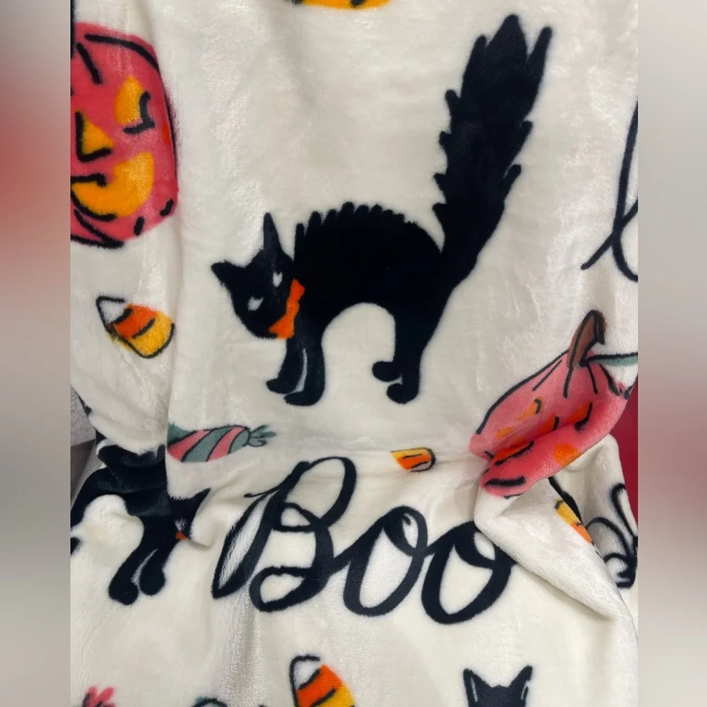 Halloween Black Cats Pink Bows Pumpkins Boo Rachel Roy Plush Blanket 60”x70 NWT